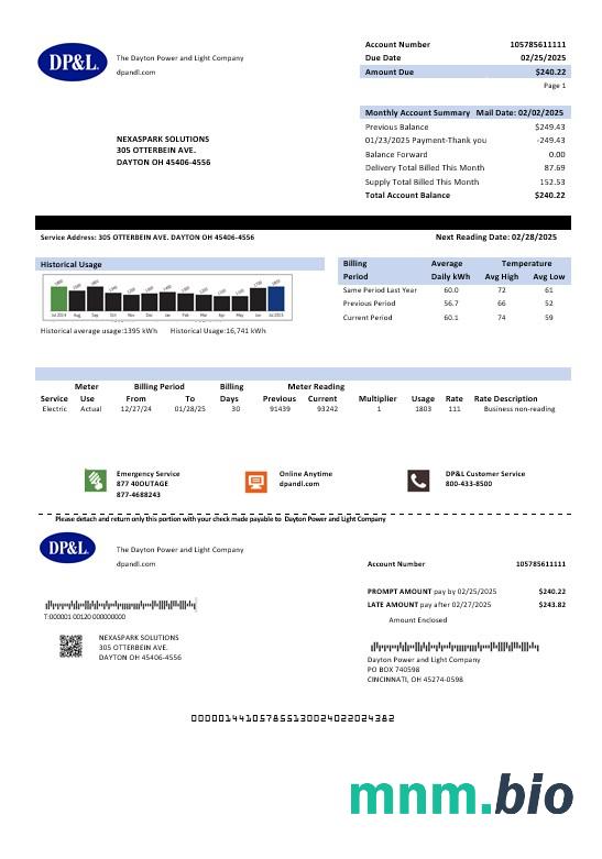 USA Ohio DP & L rachunek za usługi komunalne szablon w formacie Word i PDF